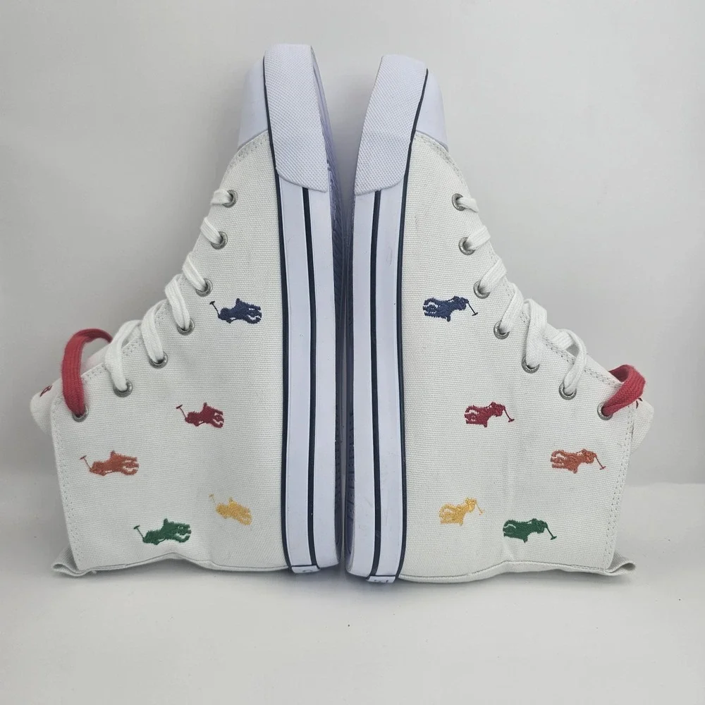 Polo Ralph Lauren Boys Sz 6.5 Hamptyn II White Multicolor Canvas HighTop Sneaker